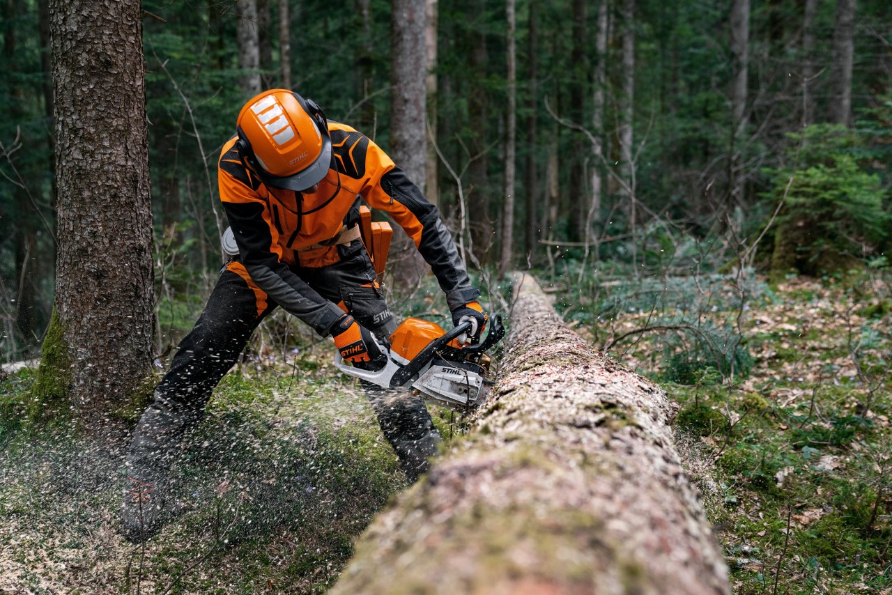 A man wearing protective equipment sawing felled tree trunks using a STIHL MS 400 C-M petrol chainsaw with magnesium piston