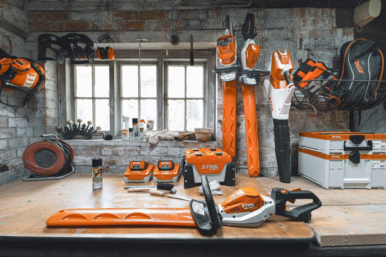 STIHL battery power tools in a workshop