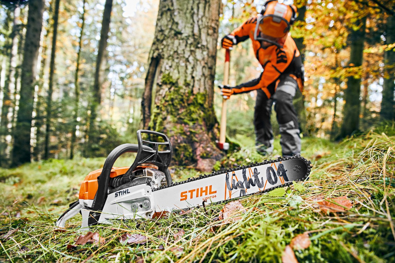 Man wearing protective equipment in the forest, with a STIHL MS 261 C-M petrol chainsaw with Light 04 guide bar in the foreground